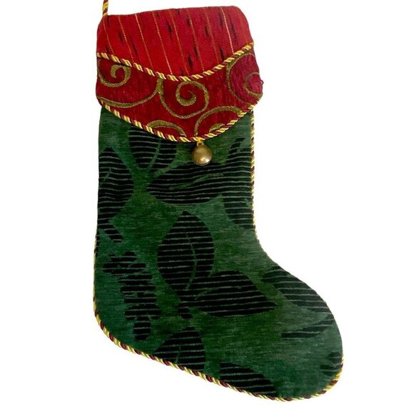 Christmas Tapestry Stocking with Bell Red Green Scroll by Season's Design - Picture 1 of 8
